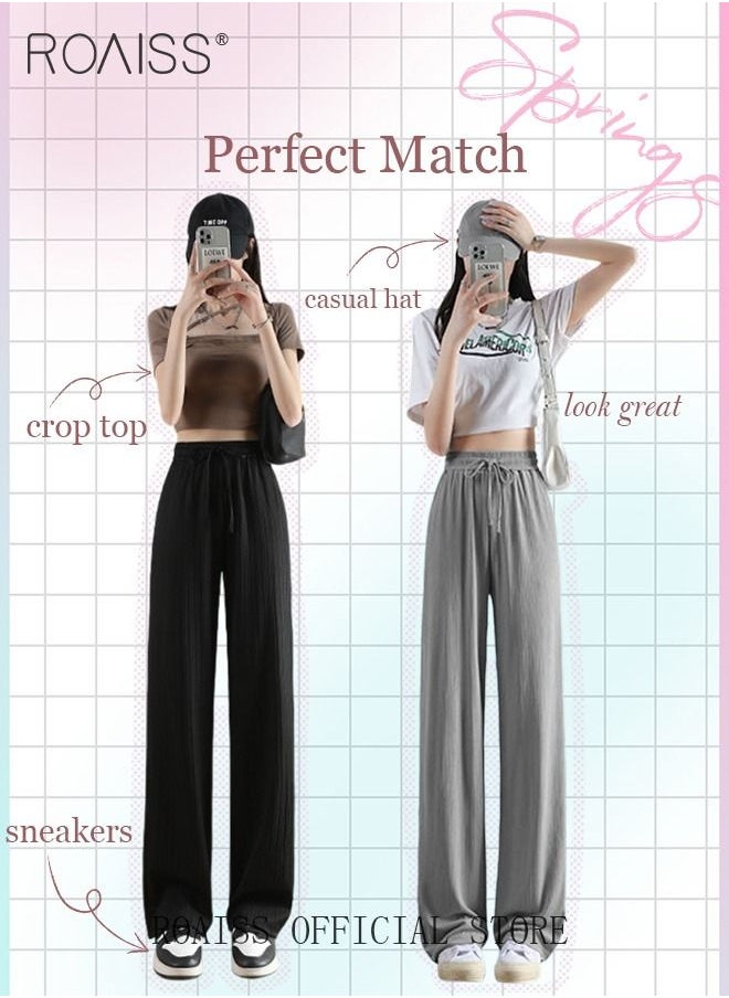 roaiss - 2 Piece Ice Silk Wide Leg Pants for Women Soft Trousers Ladies Mom's Long Pants Casual Plain New Arrival Trendy Straight Baggy Spring Summer Ladies Daily Outfit Clothes - Image 1