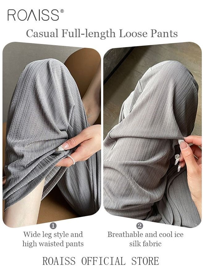 roaiss - 2 Piece Ice Silk Wide Leg Pants for Women Soft Trousers Ladies Mom's Long Pants Casual Plain New Arrival Trendy Straight Baggy Spring Summer Ladies Daily Outfit Clothes - Image 1