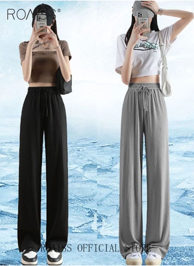 roaiss - 2 Piece Ice Silk Wide Leg Pants for Women Soft Trousers Ladies Mom's Long Pants Casual Plain New Arrival Trendy Straight Baggy Spring Summer Ladies Daily Outfit Clothes - Image 1