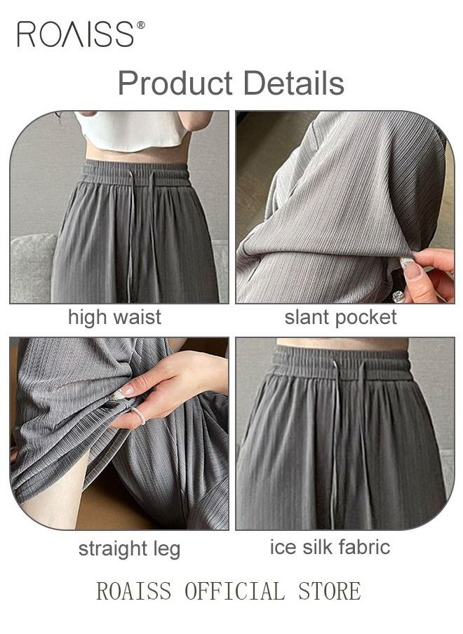 roaiss - 2 Piece Ice Silk Wide Leg Pants for Women Soft Trousers Ladies Mom's Long Pants Casual Plain New Arrival Trendy Straight Baggy Spring Summer Ladies Daily Outfit Clothes - Image 1