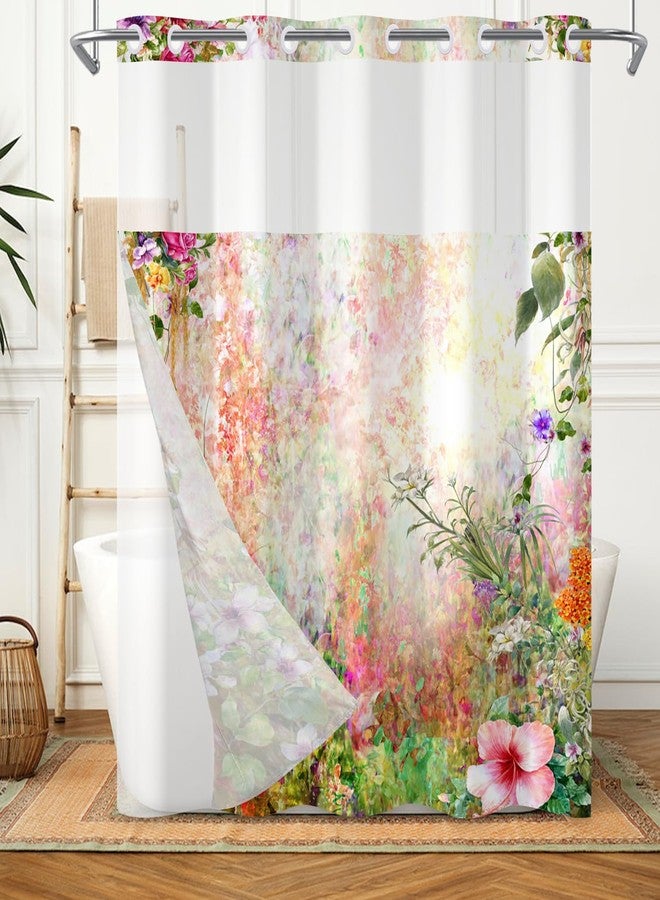 Leowefowa Spring Floral No Hook Shower Curtain with Snap in Liner, Garden Watercolor Flower Wildflower Butterfly Ringless Double Layer Bathroom Curtains and Liner, Waterproof Cloth Fabric, 71x74inch - Image 2