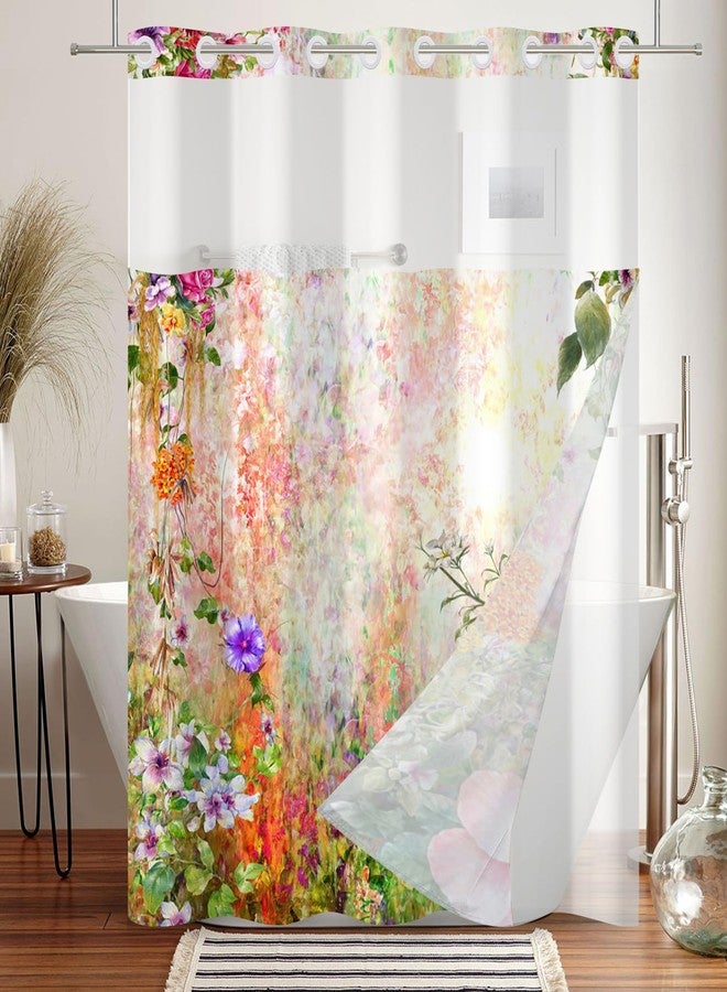 Leowefowa Spring Floral No Hook Shower Curtain with Snap in Liner, Garden Watercolor Flower Wildflower Butterfly Ringless Double Layer Bathroom Curtains and Liner, Waterproof Cloth Fabric, 71x74inch - Image 3