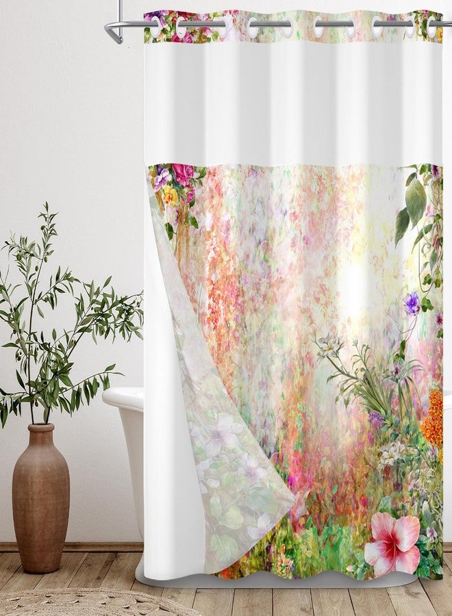 Leowefowa Spring Floral No Hook Shower Curtain with Snap in Liner, Garden Watercolor Flower Wildflower Butterfly Ringless Double Layer Bathroom Curtains and Liner, Waterproof Cloth Fabric, 71x74inch - Image 5