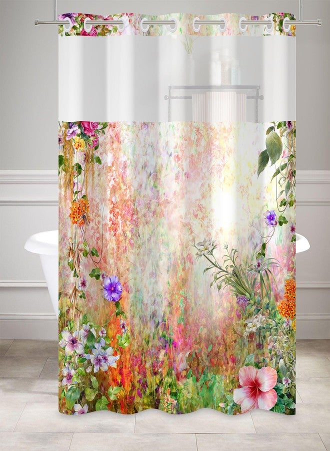 Leowefowa Spring Floral No Hook Shower Curtain with Snap in Liner, Garden Watercolor Flower Wildflower Butterfly Ringless Double Layer Bathroom Curtains and Liner, Waterproof Cloth Fabric, 71x74inch - Image 4