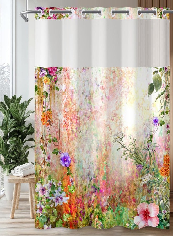 Leowefowa Spring Floral No Hook Shower Curtain with Snap in Liner, Garden Watercolor Flower Wildflower Butterfly Ringless Double Layer Bathroom Curtains and Liner, Waterproof Cloth Fabric, 71x74inch - Image 1
