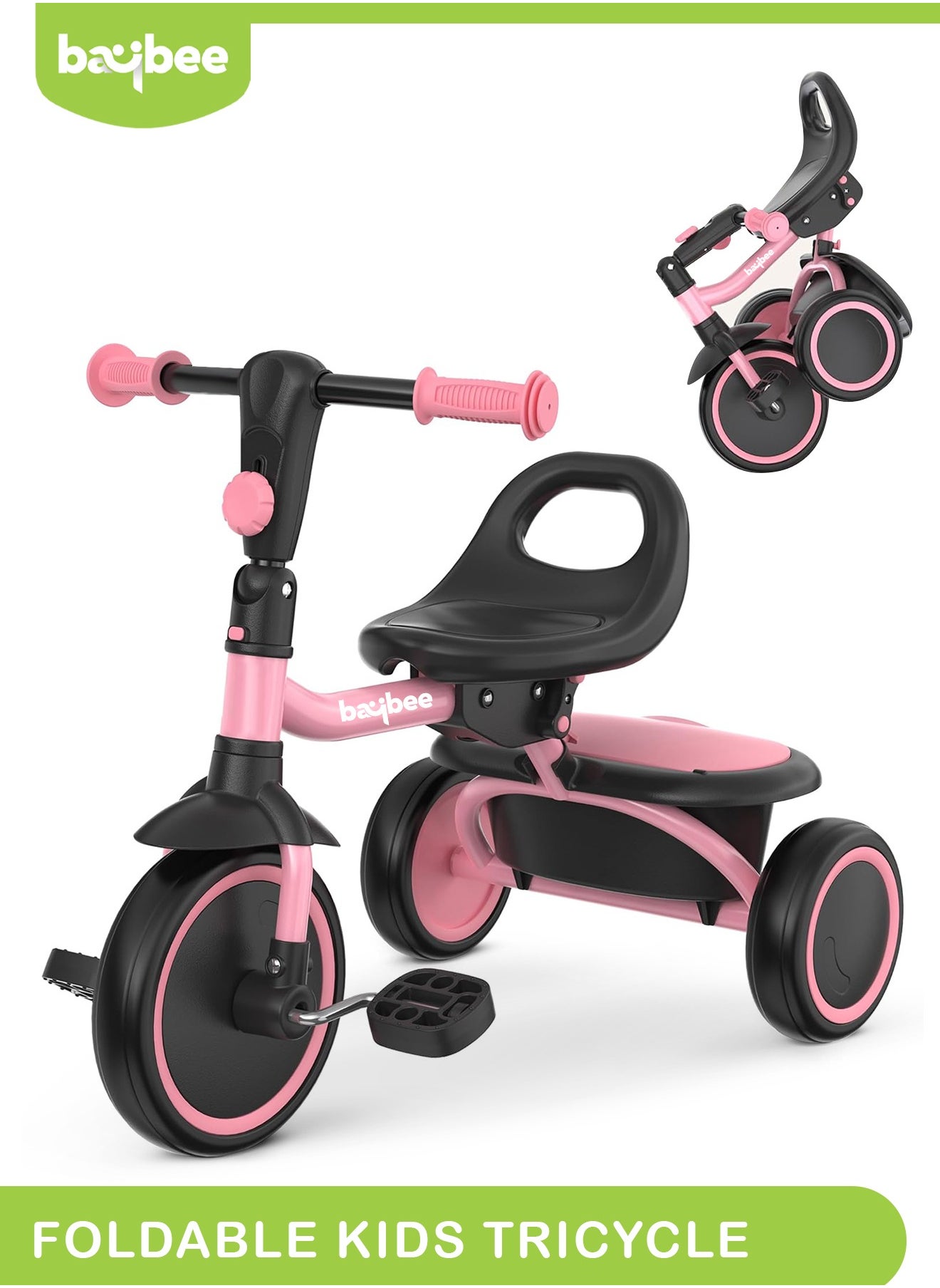 Foldable 2 in 1 Tricycle for Kids Baby Smart Plug & Play Kids Tricycle Cycle with Rear Storage Basket & 3 Wheels Tricycle Bicycle Baby Tricycle Cycle for Kids 2 to 5 Years Boy Girl Pink 