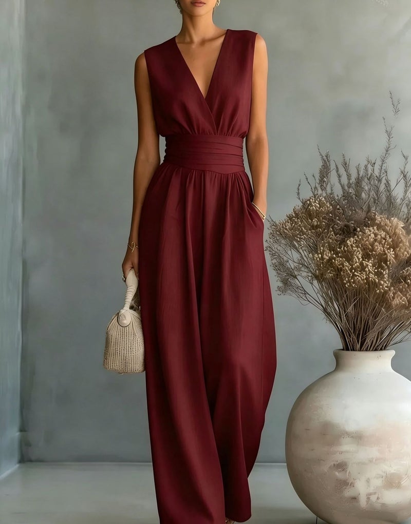 2026 European and American Cross-Border Spring/Summer New Elegant High-Waisted V-Neck Jumpsuit