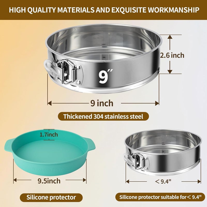 OYAOL 9 Inch Springform Pan - 304 Stainless Steel Nonstick Springform Cake Pan with Removable Bottom, 10 Inch Silicone Leakproof Cheesecake Pan Protector with Parchment Paper - Image 3