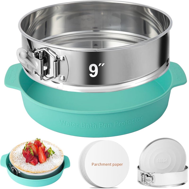 OYAOL 9 Inch Springform Pan - 304 Stainless Steel Nonstick Springform Cake Pan with Removable Bottom, 10 Inch Silicone Leakproof Cheesecake Pan Protector with Parchment Paper - Image 1