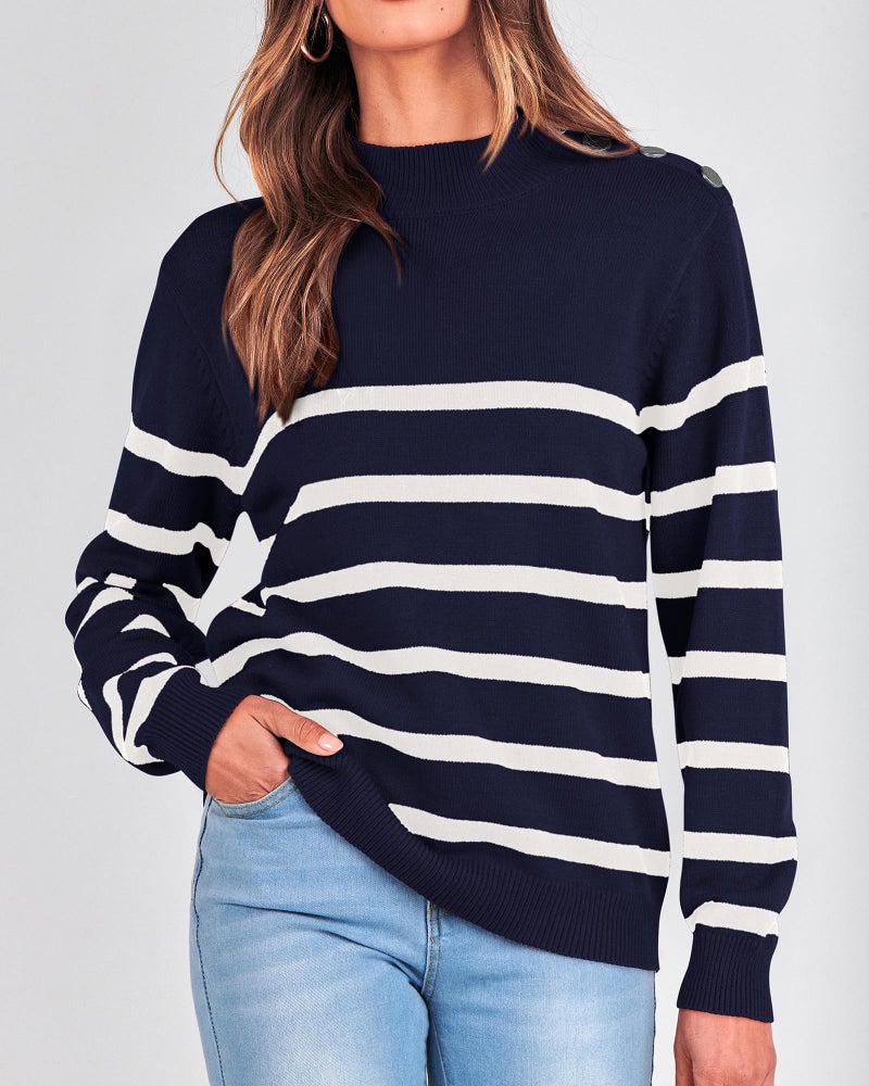 KIRUNDO Fall Sweaters for Women 2025 Striped Turtleneck Ribbed Knit Sweater Trendy Pullover Jumper Winter Fashion Clothing(Medium, Navy) - Image 3