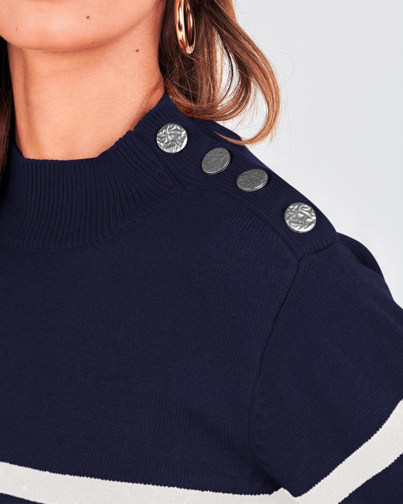 KIRUNDO Fall Sweaters for Women 2025 Striped Turtleneck Ribbed Knit Sweater Trendy Pullover Jumper Winter Fashion Clothing(Medium, Navy) - Image 5