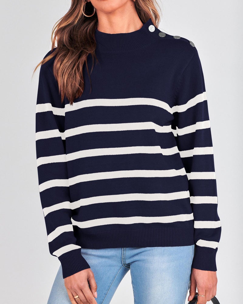 KIRUNDO Fall Sweaters for Women 2025 Striped Turtleneck Ribbed Knit Sweater Trendy Pullover Jumper Winter Fashion Clothing(Medium, Navy) - Image 4