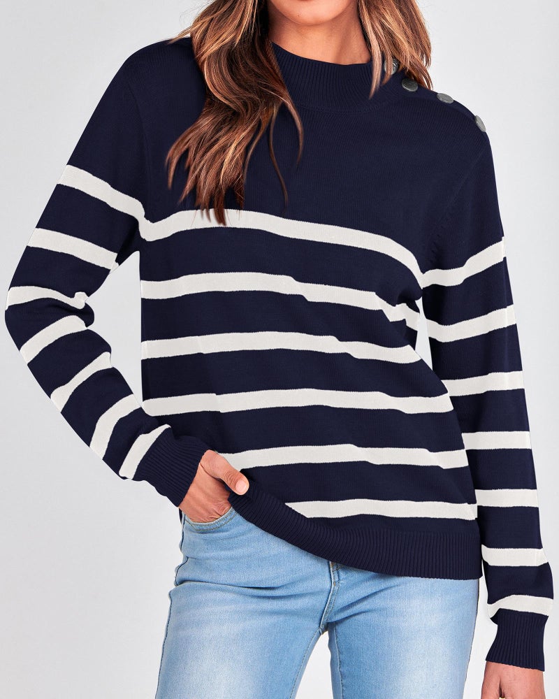 KIRUNDO Fall Sweaters for Women 2025 Striped Turtleneck Ribbed Knit Sweater Trendy Pullover Jumper Winter Fashion Clothing(Medium, Navy) - Image 2
