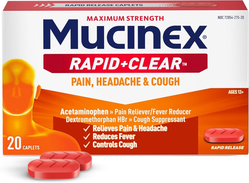 MUCINEX دواء البرد والسعال رابد كلير أقصى قوة لتخفيف الحمى والألم والصداع مع أسيتامينوفين ديكستروميثورفان أقراص سريعة الإطلاق للبالغين 20 حبة - Image 1