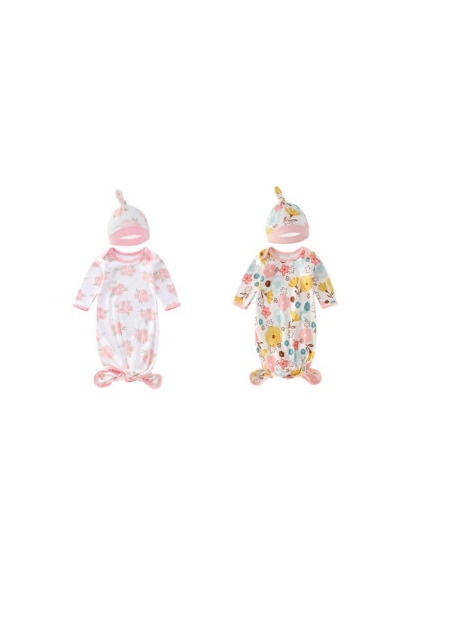 دوكو طقم 2 قطعة من ثوب مواليد بعقدة مع قبعة، فساتين نوم للمواليد، بطانية لف للرضع، طقم قبعة لف للمواليد، كيس نوم قابل للتعديل للأطفال، مصنوع من قطن 100% قابل للتنفس وناعم على البشرة للأطفال من عمر 0-4 أش - Image 1