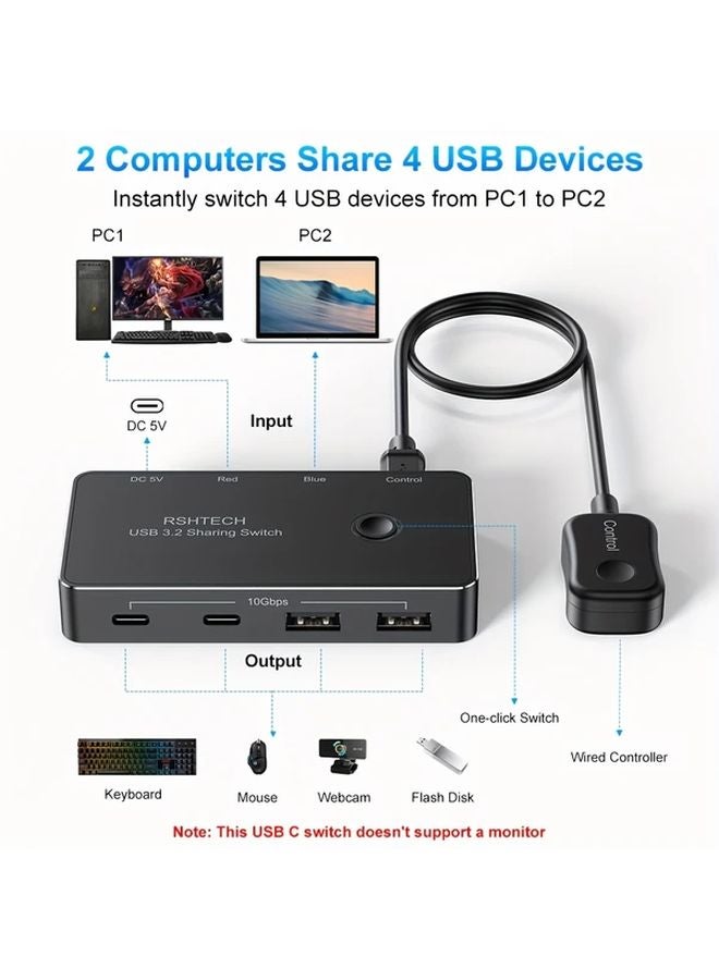 Black 4 Port USB Switch Selector Hub 10Gbps Remote Control For PC Laptop - Image 5