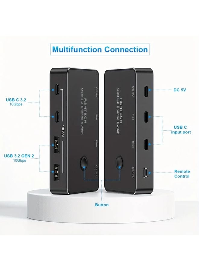 Black 4 Port USB Switch Selector Hub 10Gbps Remote Control For PC Laptop - Image 4