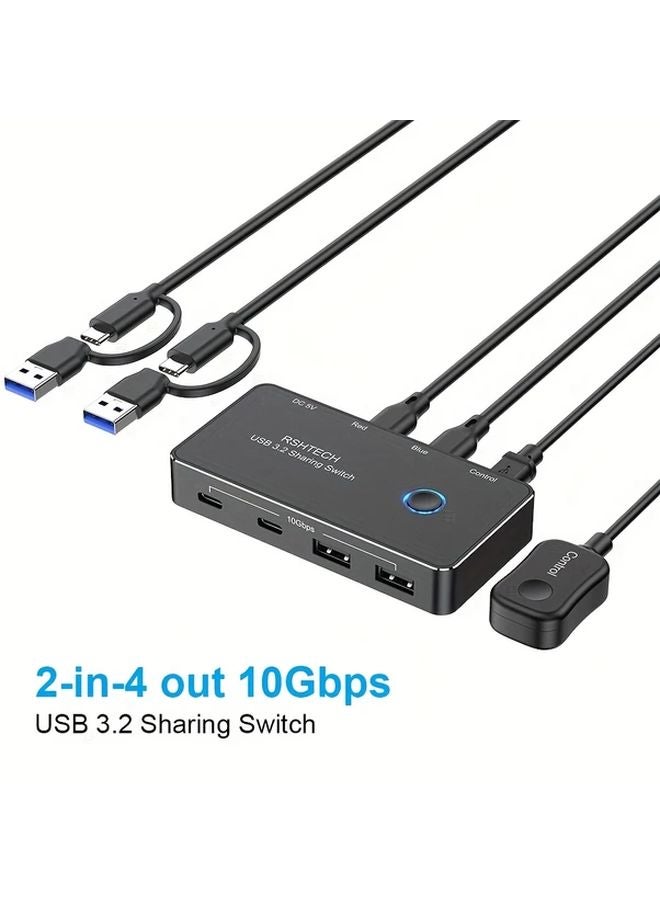 Black 4 Port USB Switch Selector Hub 10Gbps Remote Control For PC Laptop - Image 2