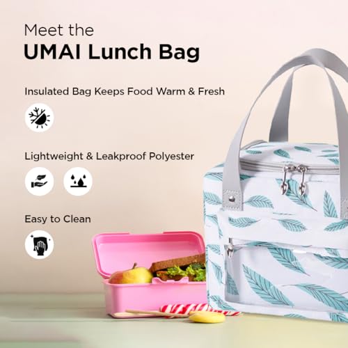 UMAI Insulated Lunch/Tiffin/Storage Bag for Kids, Women & Men | Ideal Tote Bag for Office/School/Outdoor Activities-Lightweight, Durable Handle, Front Pocket for Napkins, Cutlery (White Green Leaves) - Image 3