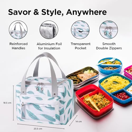 UMAI Insulated Lunch/Tiffin/Storage Bag for Kids, Women & Men | Ideal Tote Bag for Office/School/Outdoor Activities-Lightweight, Durable Handle, Front Pocket for Napkins, Cutlery (White Green Leaves) - Image 2