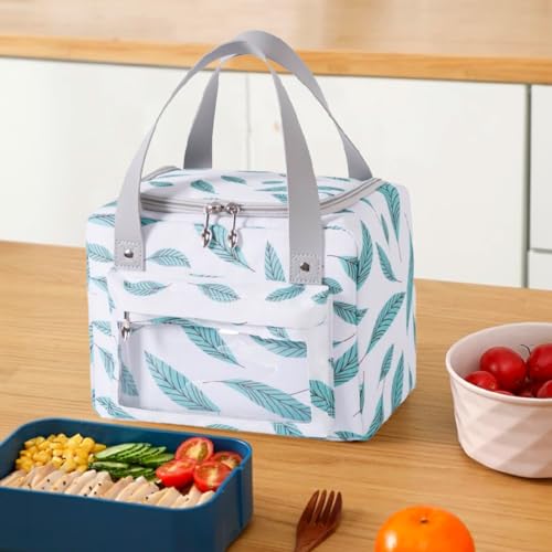 UMAI Insulated Lunch/Tiffin/Storage Bag for Kids, Women & Men | Ideal Tote Bag for Office/School/Outdoor Activities-Lightweight, Durable Handle, Front Pocket for Napkins, Cutlery (White Green Leaves) - Image 1