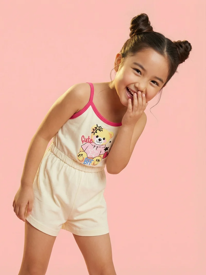 نوتيناتي Nautinati Girls' 100% Cotton Teddy Graphic Print Jumpsuit with Elasticated Waist