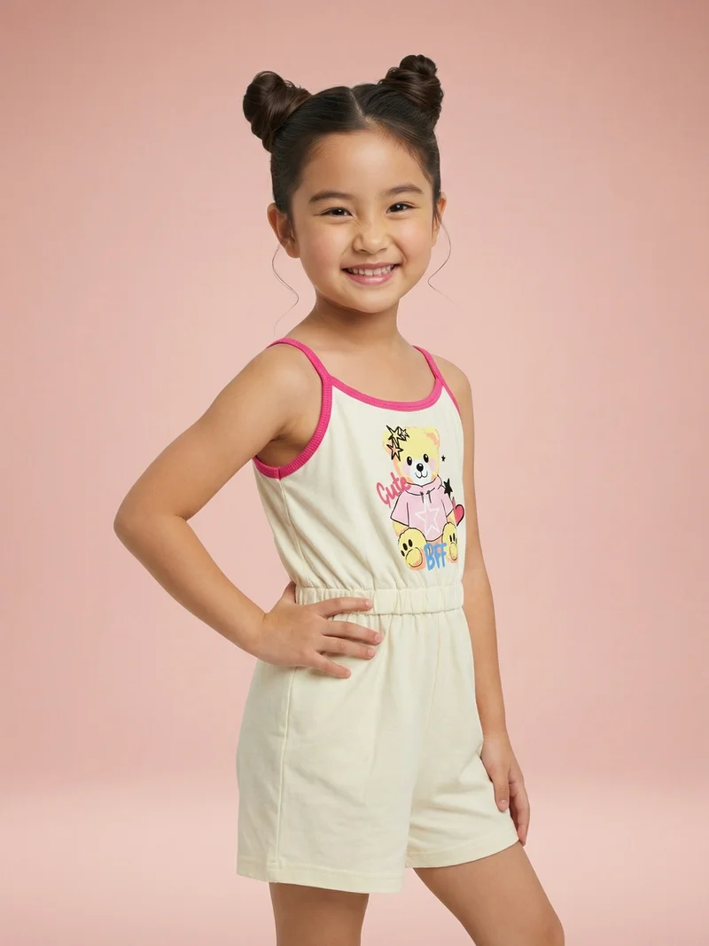 نوتيناتي Nautinati Girls' 100% Cotton Teddy Graphic Print Jumpsuit with Elasticated Waist