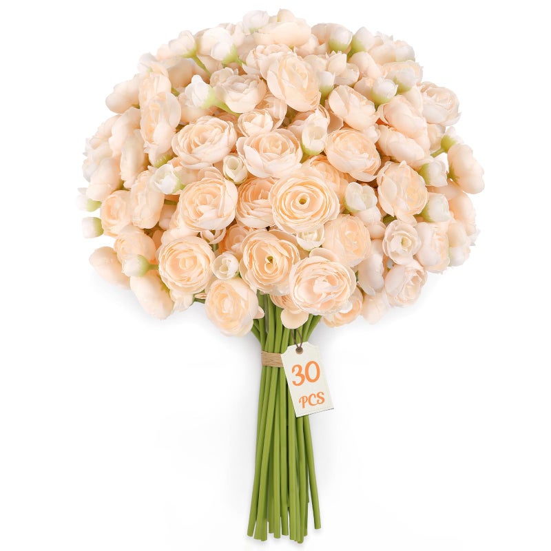 Alupssuc 30Pcs Ranunculus Artificial Flowers Faux Silk Mini Ranunculus, Artificial Flowers Indoor for DIY Bouquets, Bulk Fake Wedding Filler Flowers for Bride Decorations, DustyRose&Cream&ShabbyBlush - Image 2