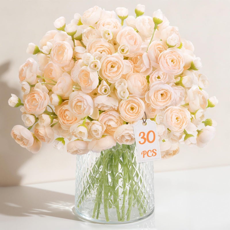 Alupssuc 30Pcs Ranunculus Artificial Flowers Faux Silk Mini Ranunculus, Artificial Flowers Indoor for DIY Bouquets, Bulk Fake Wedding Filler Flowers for Bride Decorations, DustyRose&Cream&ShabbyBlush - Image 1