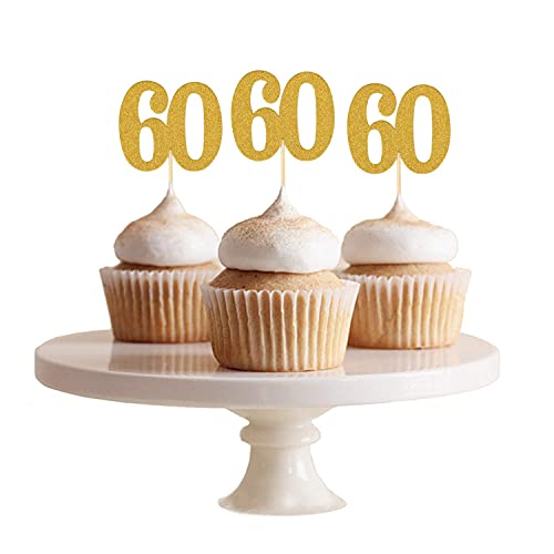 Festiko®50pcs 60th Cupcake Toppers Gold Glitter Number 60 Cake Picks for Birthday Anniversary Party Decoration - Image 5
