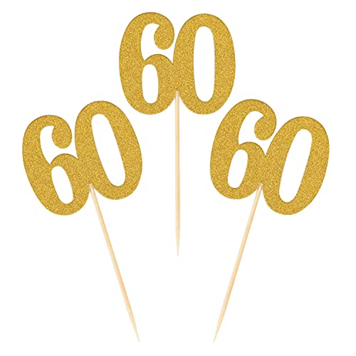 Festiko®50pcs 60th Cupcake Toppers Gold Glitter Number 60 Cake Picks for Birthday Anniversary Party Decoration - Image 1