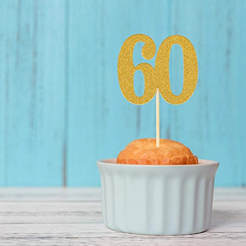 Festiko®50pcs 60th Cupcake Toppers Gold Glitter Number 60 Cake Picks for Birthday Anniversary Party Decoration - Image 2