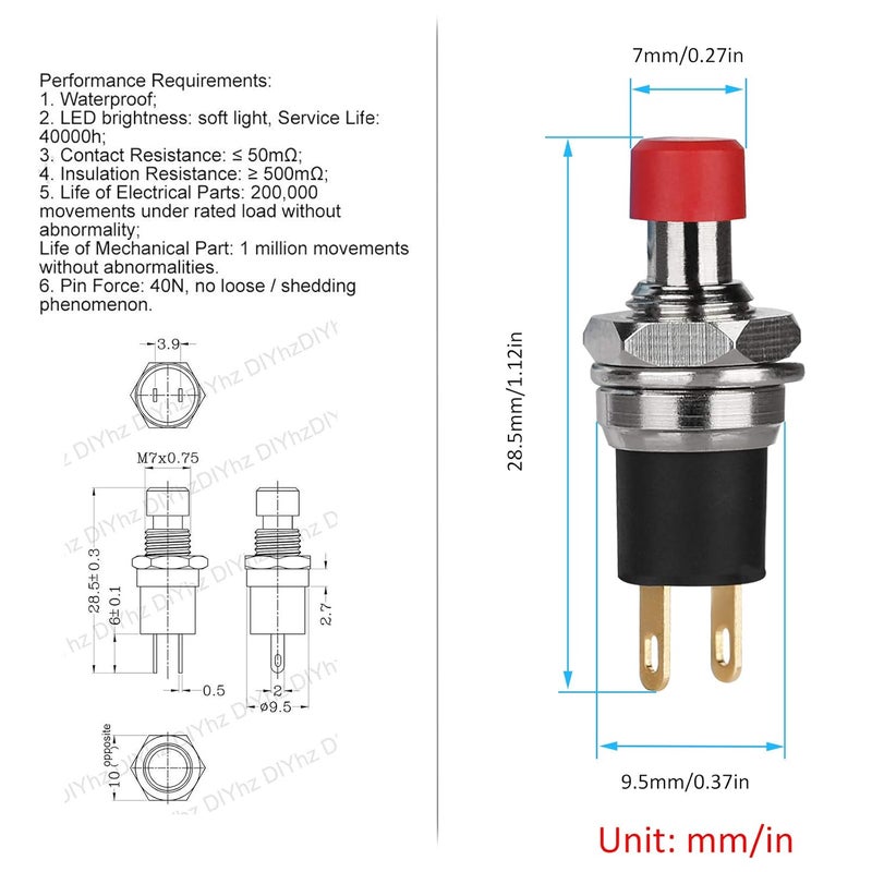 DIYhz 5Pcs Self-Locking SPST Latching Type Dash ON/Off Red Push Button Switch AC 250V/3A Line Length 20cm - Image 4
