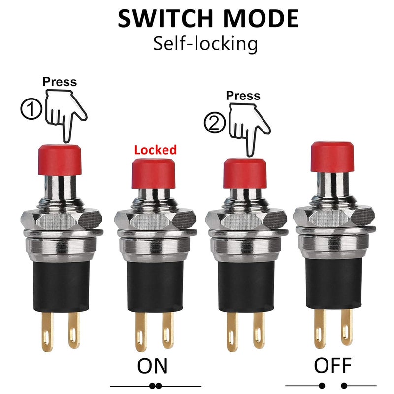 DIYhz 5Pcs Self-Locking SPST Latching Type Dash ON/Off Red Push Button Switch AC 250V/3A Line Length 20cm - Image 2