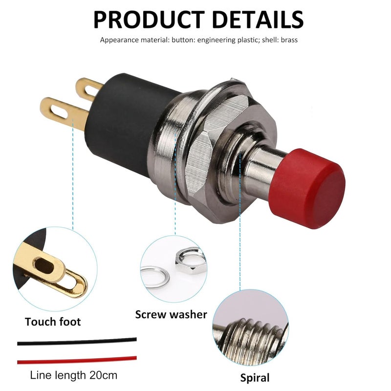 DIYhz 5Pcs Self-Locking SPST Latching Type Dash ON/Off Red Push Button Switch AC 250V/3A Line Length 20cm - Image 5