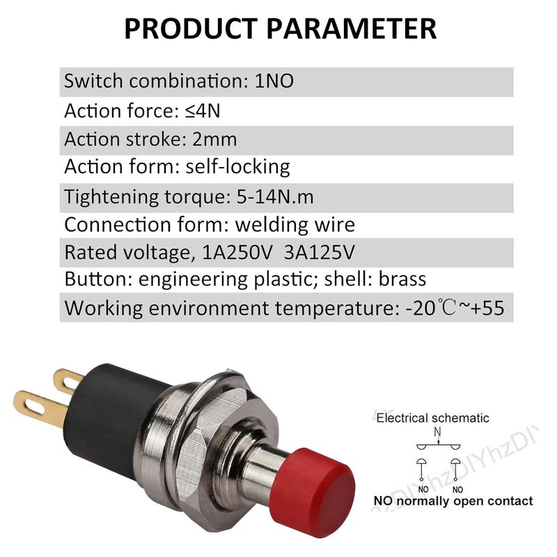DIYhz 5Pcs Self-Locking SPST Latching Type Dash ON/Off Red Push Button Switch AC 250V/3A Line Length 20cm - Image 3