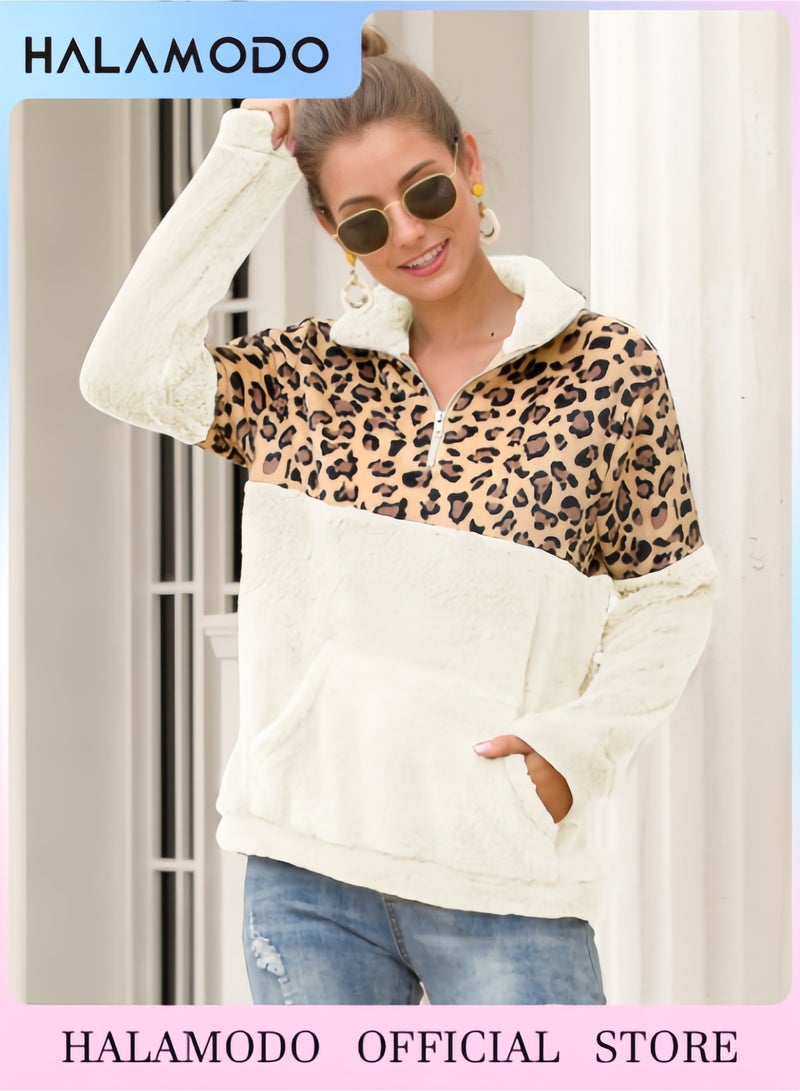 Halamodo Women Casual Double Fuzzy Sweatshirt Faux Fleece Zip Pullover Coat Outwear - Image 1