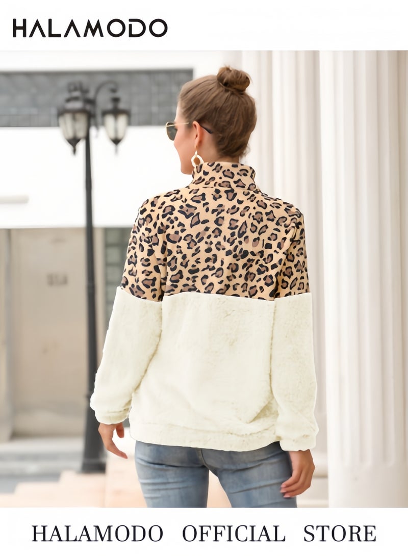 Halamodo Women Casual Double Fuzzy Sweatshirt Faux Fleece Zip Pullover Coat Outwear - Image 3