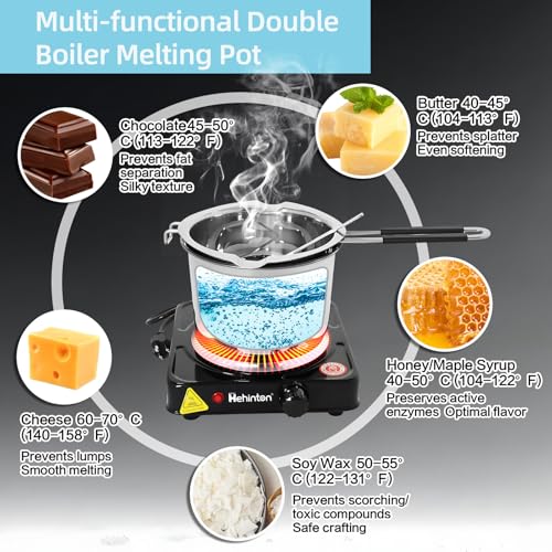 Hehinton Professional Double Boiler Pot 1200ML/40.6OZ, 304 Stainless Steel Chocolate Melting Pot with 1000W Electric Hot Plate, Multi-Functions Warming Melting Pots for Wax Soap Base Candy Cheese Butter - Image 2