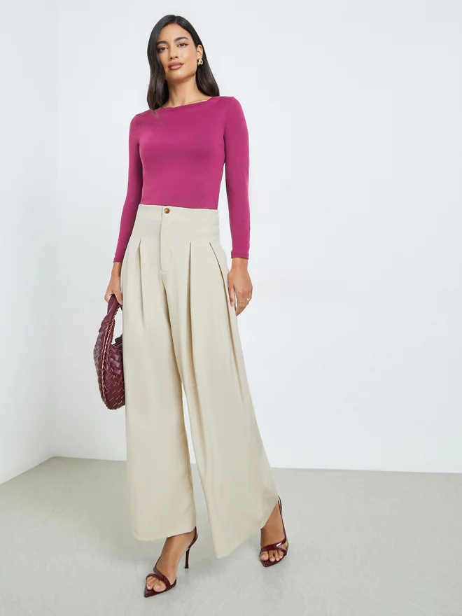 Styli Cream Solid Box Pleated Pants