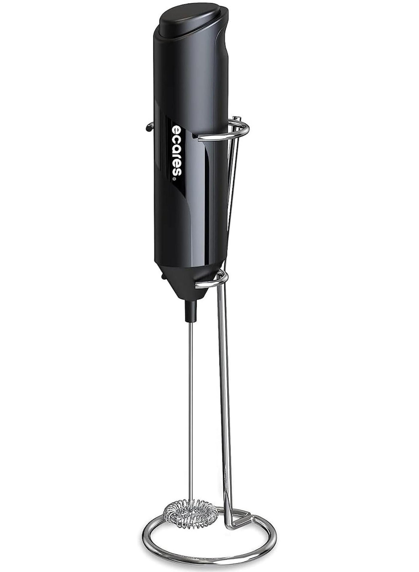 ECARES® Milk Frother with Stand, Handheld, Battery Operated, Stainless Steel Stand, Foam Maker, Whisk, Drink Mixer, for Latte, Cappuccino, Coffee, Frappe, Matcha and Hot Chocolate, etc. Black.