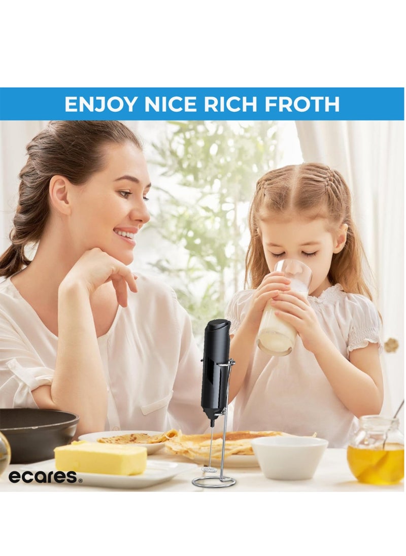 ECARES - ECARES® Milk Frother with Stand, Handheld, Battery Operated, Stainless Steel Stand, Foam Maker, Whisk, Drink Mixer, for Latte, Cappuccino, Coffee, Frappe, Matcha and Hot Chocolate, etc. Black. - Image 1