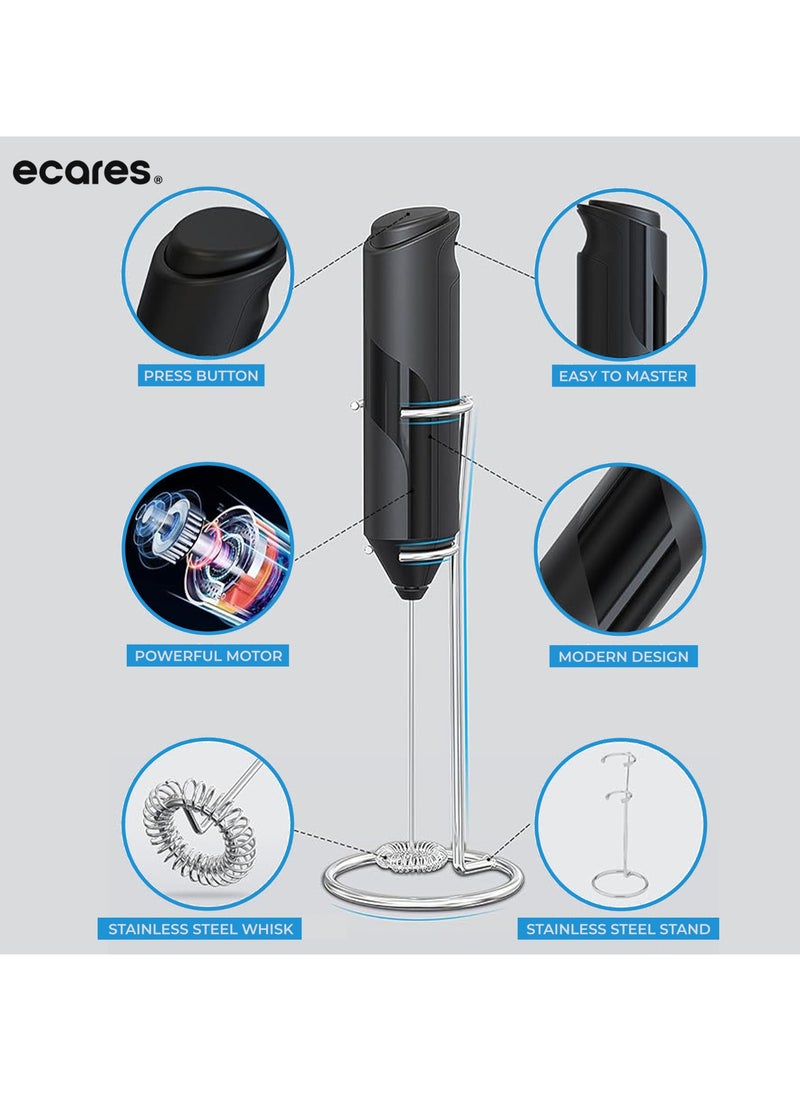 ECARES ECARES® Milk Frother with Stand, Handheld, Battery Operated, Stainless Steel Stand, Foam Maker, Whisk, Drink Mixer, for Latte, Cappuccino, Coffee, Frappe, Matcha and Hot Chocolate, etc. Black.  - Image 3