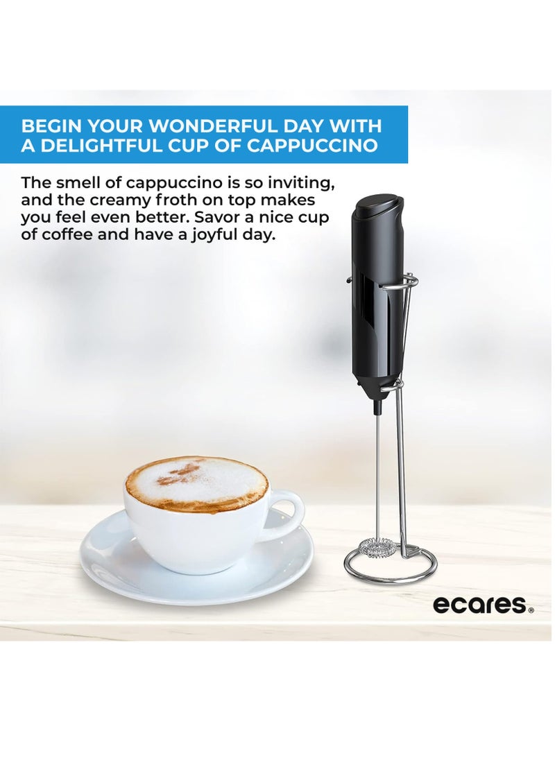 ECARES - ECARES® Milk Frother with Stand, Handheld, Battery Operated, Stainless Steel Stand, Foam Maker, Whisk, Drink Mixer, for Latte, Cappuccino, Coffee, Frappe, Matcha and Hot Chocolate, etc. Black. - Image 1
