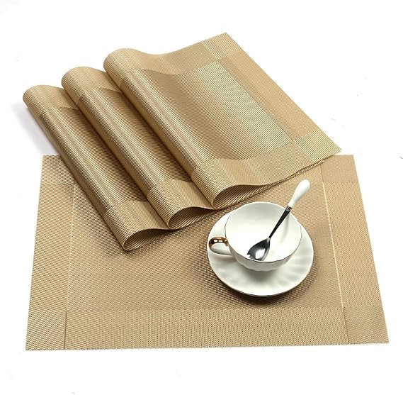 VALASHIV Washable PVC Heat Resistant Colorful Place Mats for Kitchen Dining Table Mates Washable HeatResistant for Dining Table 4 Pack Gold