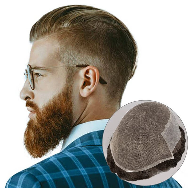 AmiableHair Human Hair Toupee for Men 8  10 Inch Soft French Lace Cap with 2inch Clearly PU in Back Veer Natural Wave Mens Hairpiece Replacement System Color7