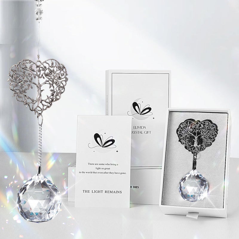 Elivida Modern Sympathy Gift for Loss of Mom - Tree Life Heart Design Memorial Hanging Ornament with 40mm Clear Crystal Ball Rainbow Maker, Bereavement Gift Idea for Women - Image 1