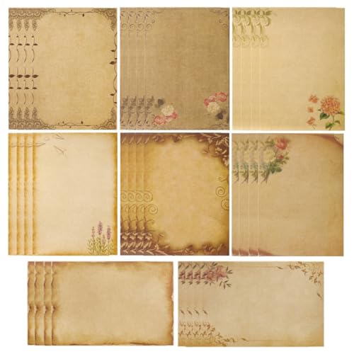 OFIFO® Vintage Letter Writing Paper Sheets, 48 Pcs Floral Decorative Retro Stationery, 8 Designs, Antique Yellowish Craft Papers for Invitations, Scrapbooking, Handmade Notes, Journaling, 8.26x5.7in - Image 1