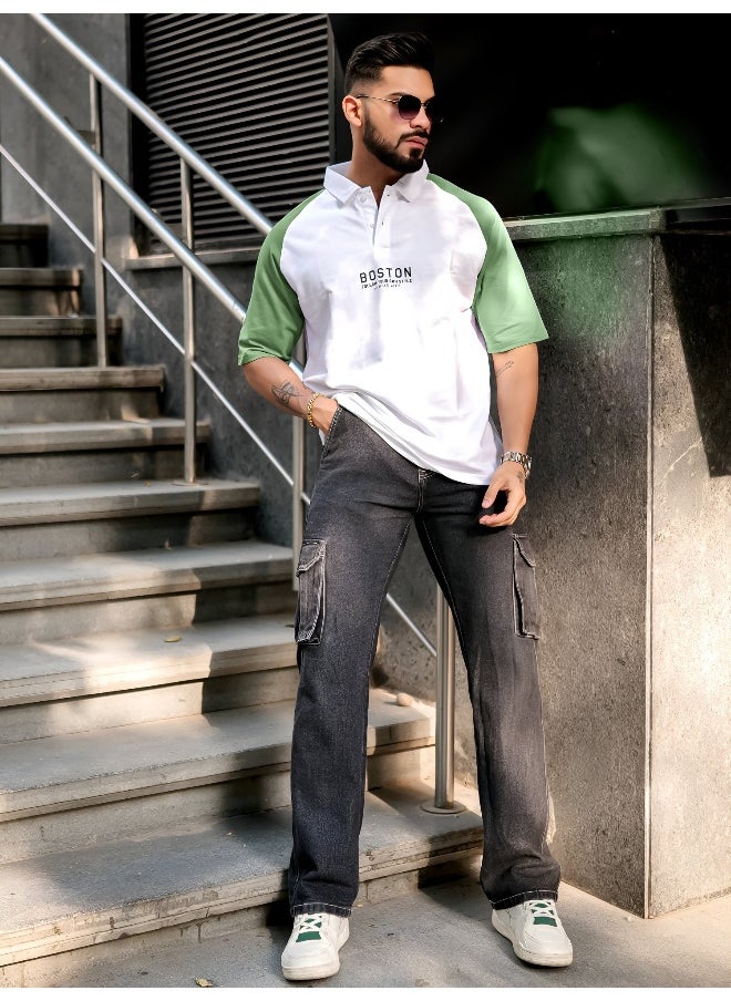 Maniac - Mens Printed Raglan Polo Neck 3/4th Sleeve White and Hunter Green Cotton Oversized T-Shirt - Image 1