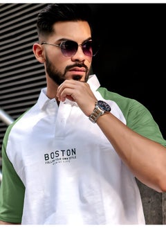 Maniac Mens Printed Raglan Polo Neck 3/4th Sleeve White and Hunter Green Cotton Oversized T-Shirt  - Image 1